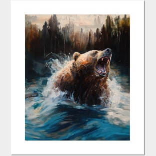 Bear in the River - Oil Painting Posters and Art